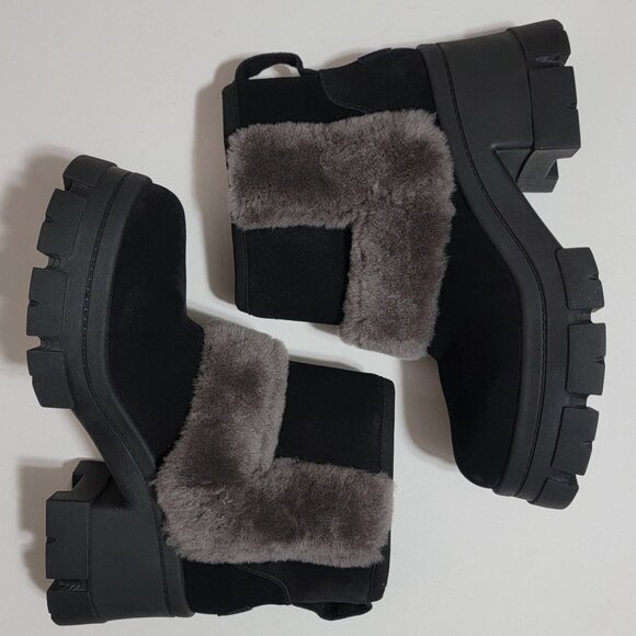 NEW UGG Brooklyn Sunburst Boots Womens 10 Black Suede Gray Fur Chunky Boho - Picture 3 of 11